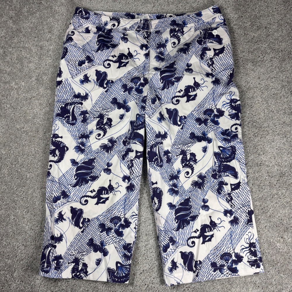CHICO S Women Floral Print Wide Leg Capri Pants Size 2.5 Blue White‎